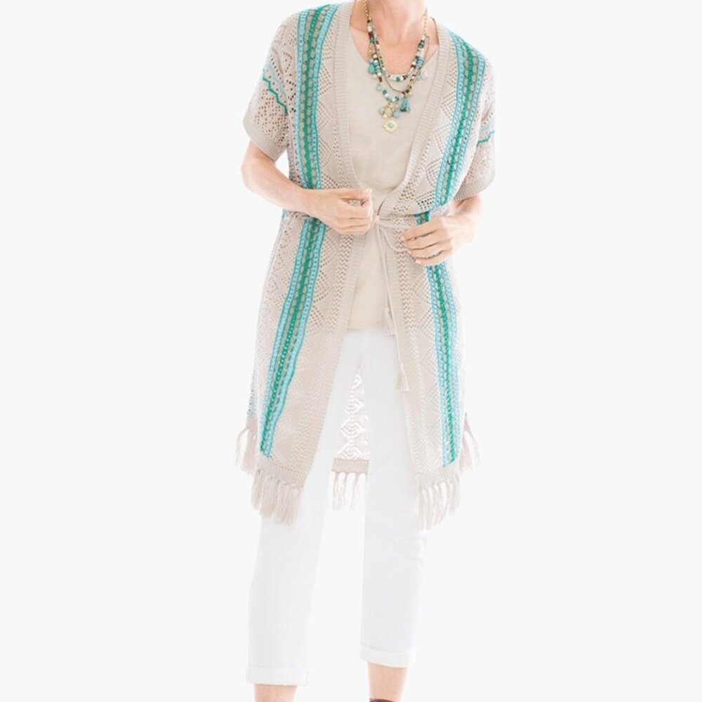 Chico's 100% linen crochet Teal Mix Fringe Detail Cardigan women's size 2 / L